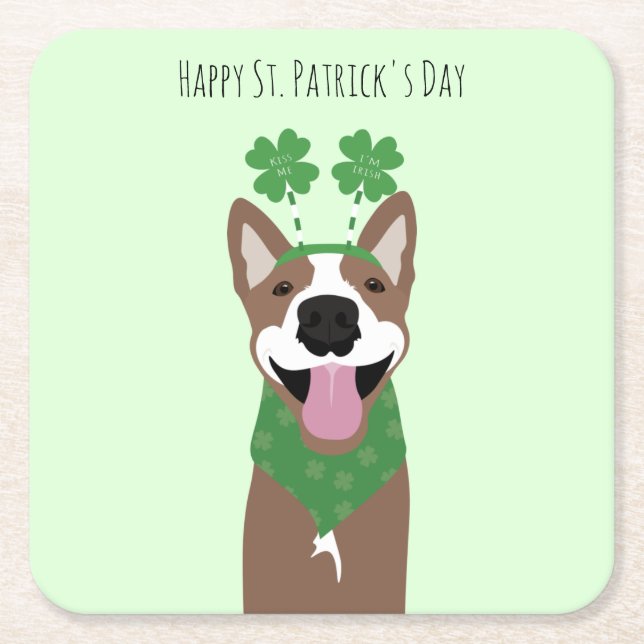 Posavasos Cuadrado De Papel Feliz Día de Santo Domingo Verde Perro Marrón (Anverso)