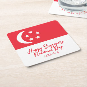 Posavasos Cuadrado De Papel Feliz Día Nacional de Singapur, bandera de Singapu