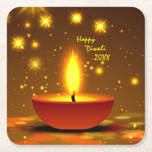 Posavasos Cuadrado De Papel Feliz Diwali 20xx con bromas de llama amarilla