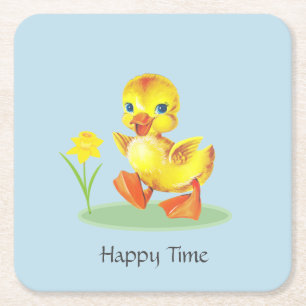 Posavasos Cuadrado De Papel Feliz Duckling en azul claro