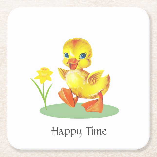 Posavasos Cuadrado De Papel Feliz Duckling en blanco (Anverso)