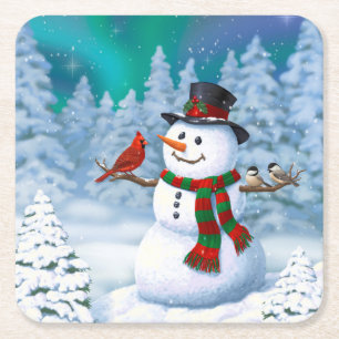 Posavasos Cuadrado De Papel Feliz escena invernal de muñeco de nieve y pájaros