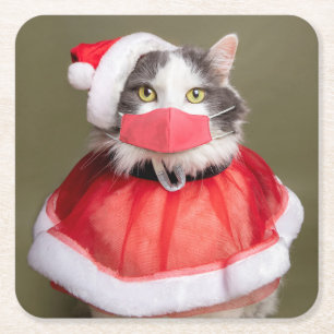 Posavasos Cuadrado De Papel Feliz gato navideño en Santa Hat y la máscara faci