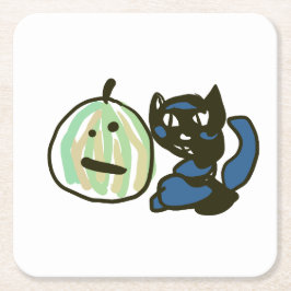 Posavasos Cuadrado De Papel Feliz gato negro de Jack o Lantern verde