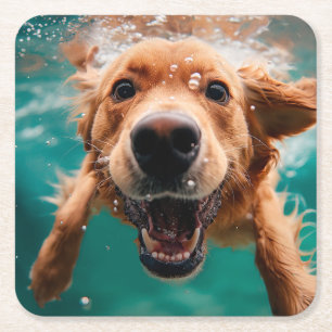 Posavasos Cuadrado De Papel Feliz Golden Retriever Nadando Bajo el Agua