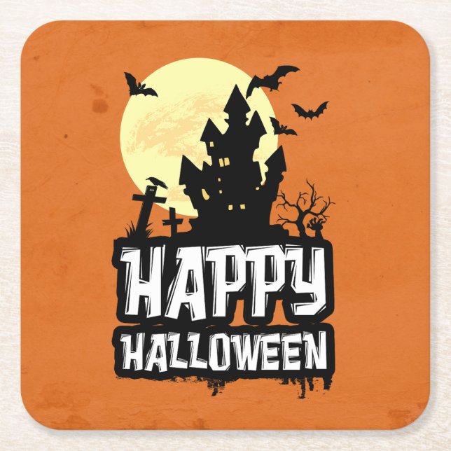 Posavasos Cuadrado De Papel Feliz Halloween (Anverso)
