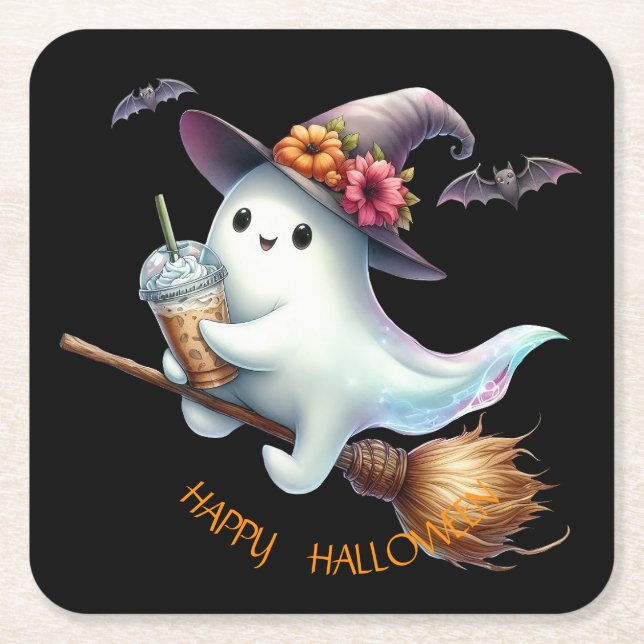 Posavasos Cuadrado De Papel Feliz Halloween (Anverso)