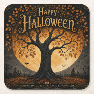Posavasos Cuadrado De Papel Feliz Halloween Árbol Espeluznante Luna Llena Góti