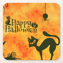 Posavasos Cuadrado De Papel Feliz Halloween Black cat, búho, calabazas