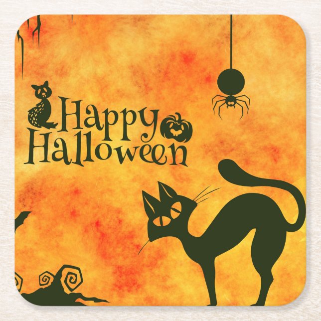 Posavasos Cuadrado De Papel Feliz Halloween Black cat, búho, calabazas (Anverso)