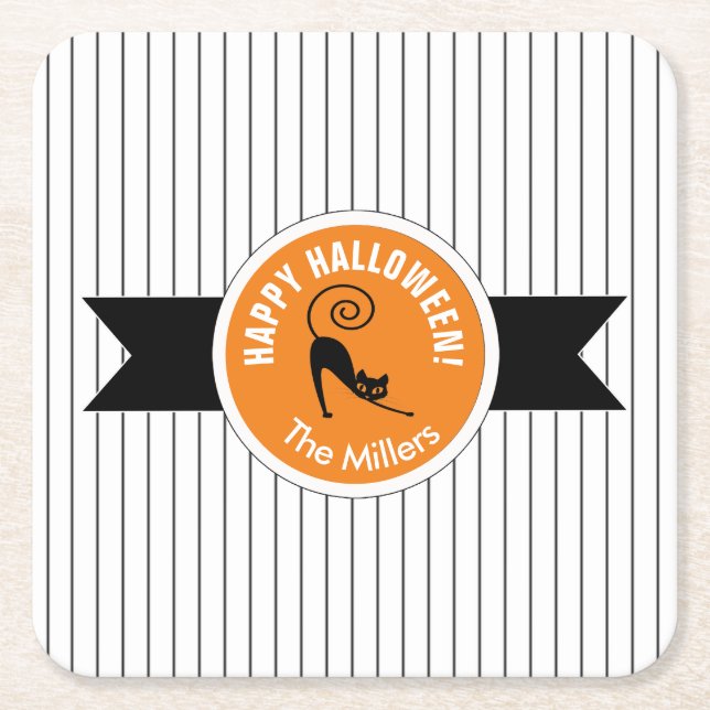 Posavasos Cuadrado De Papel Feliz Halloween Black Cat & Stripes ID686 (Anverso)