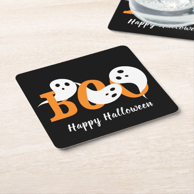 Posavasos Cuadrado De Papel Feliz Halloween Boo Fantasma Negro (En perspectiva)