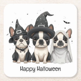 Posavasos Cuadrado De Papel Feliz Halloween Boston Terrier Dogs