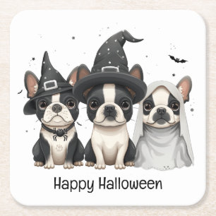 Posavasos Cuadrado De Papel Feliz Halloween Boston Terrier Dogs