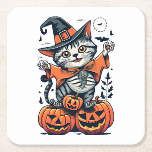 Posavasos Cuadrado De Papel Feliz Halloween Bruja Gato