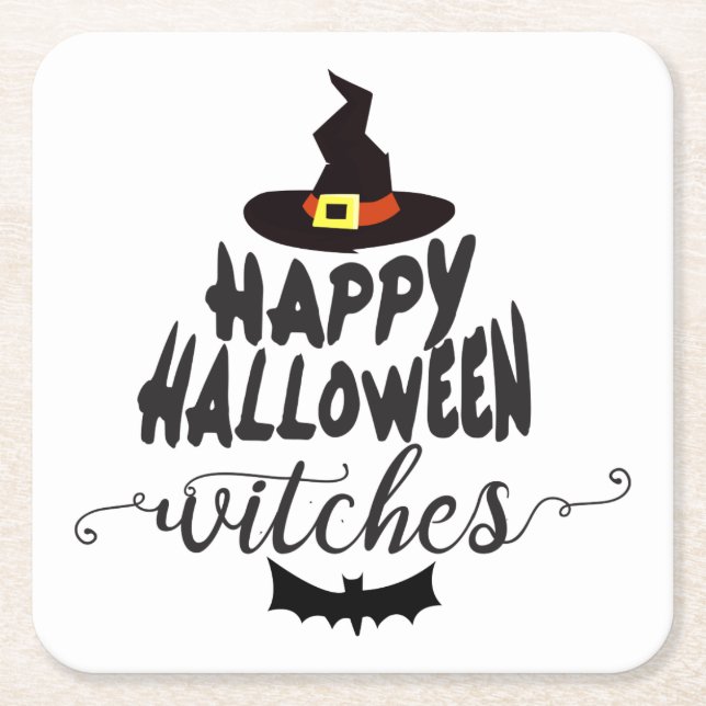 Posavasos Cuadrado De Papel Feliz Halloween brujas tipografía Halloween (Anverso)