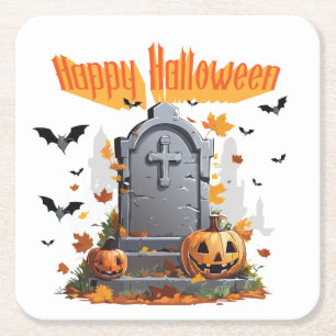 Posavasos Cuadrado De Papel Feliz Halloween Cabeza Lápida Y Murciélagos Coaste