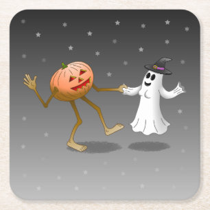Posavasos Cuadrado De Papel Feliz Halloween Calabaza y Fantasma