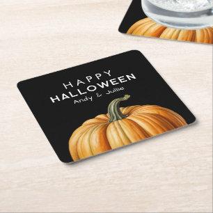 Posavasos Cuadrado De Papel Feliz Halloween con calabaza grande