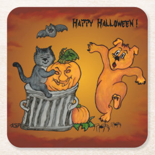 Posavasos Cuadrado De Papel Feliz Halloween con gatos, perro y araña