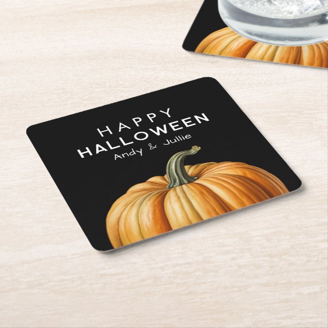 Posavasos Cuadrado De Papel Feliz Halloween con una gran calabaza (En perspectiva)