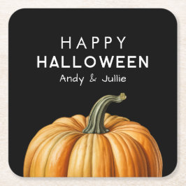 Posavasos Cuadrado De Papel Feliz Halloween con una gran calabaza