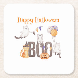 Posavasos Cuadrado De Papel Feliz Halloween   CUTE KITTENS & BOO