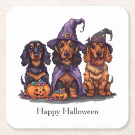 Posavasos Cuadrado De Papel Feliz Halloween Dachshund Perros Brujos