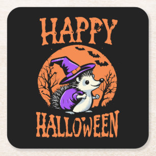 Posavasos Cuadrado De Papel Feliz Halloween Erizo Bruja