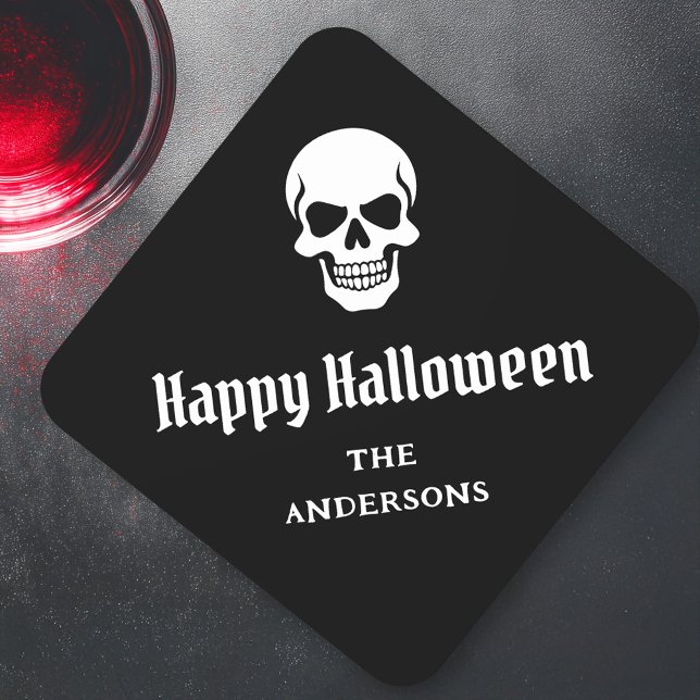 Posavasos Cuadrado De Papel Feliz Halloween espeluznante nombre o texto person (Happy Halloween spooky skull custom name or text Square Paper Coaster)