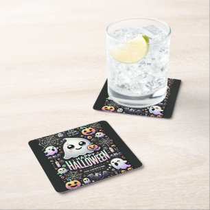 Posavasos Cuadrado De Papel Feliz Halloween Fantasma Cuidadosa