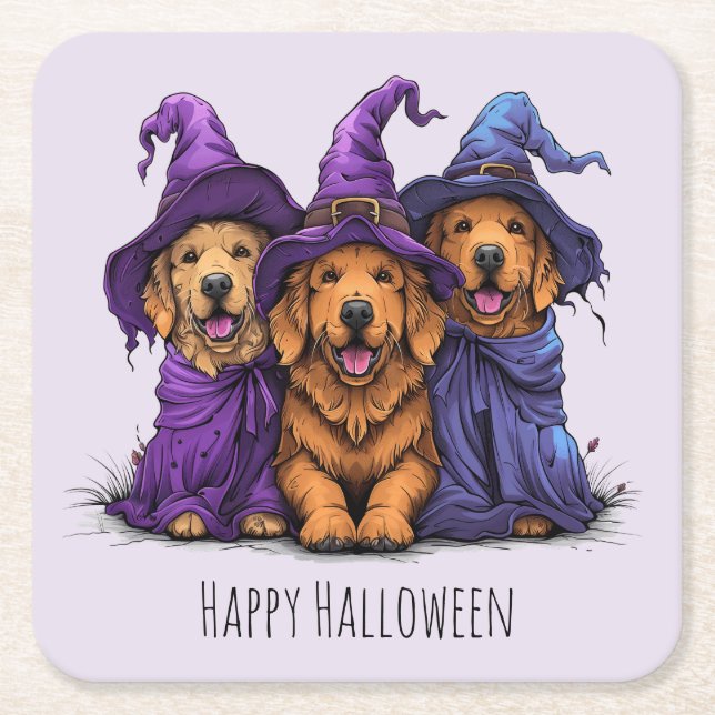 Posavasos Cuadrado De Papel Feliz Halloween Golden Retriever Dogers Witches (Anverso)