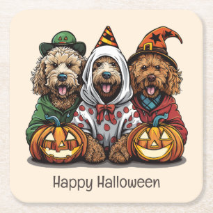 Posavasos Cuadrado De Papel Feliz Halloween Goldendoodle Dogs