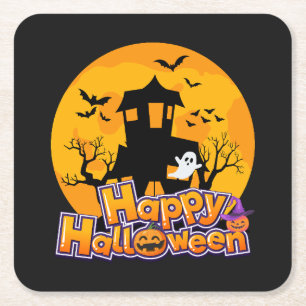 Posavasos Cuadrado De Papel Feliz Halloween Hauned House Moon