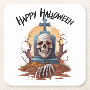 Posavasos Cuadrado De Papel Feliz Halloween Head Stone Y Skeleton