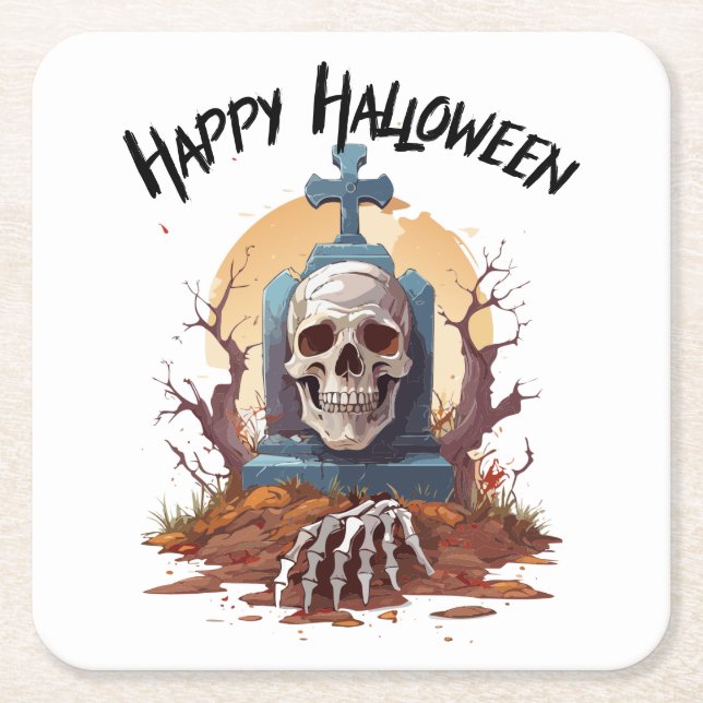 Posavasos Cuadrado De Papel Feliz Halloween Head Stone Y Skeleton (Anverso)