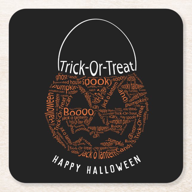 Posavasos Cuadrado De Papel Feliz Halloween Jack O Lantern Word Art Naranja (Anverso)