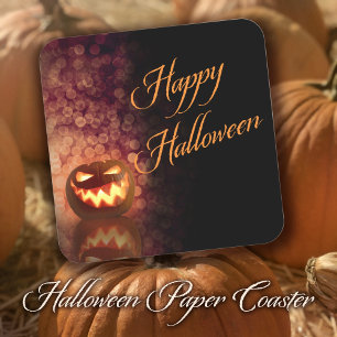 Posavasos Cuadrado De Papel Feliz Halloween Jack O'Lantern Negro y Naranja