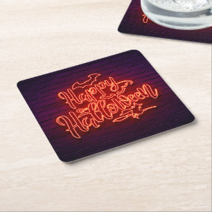 Posavasos Cuadrado De Papel Feliz Halloween Neon Look Witch Bat Brick Fiesta