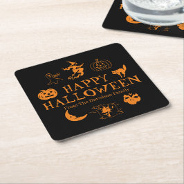 Posavasos Cuadrado De Papel Feliz Halloween nombre personalizado naranja negro