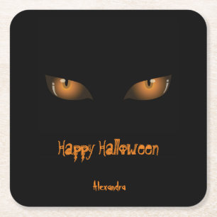 Posavasos Cuadrado De Papel Feliz Halloween Ojos de gato Naranja negro