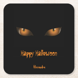Posavasos Cuadrado De Papel Feliz Halloween | Ojos de gato Naranja negro