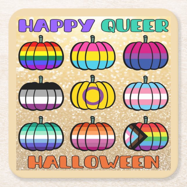 Posavasos Cuadrado De Papel Feliz Halloween Queer - Calabazas con la bandera d (Anverso)