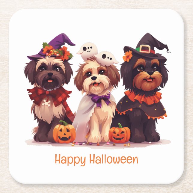 Posavasos Cuadrado De Papel Feliz Halloween Shih Tzu Dogs (Anverso)