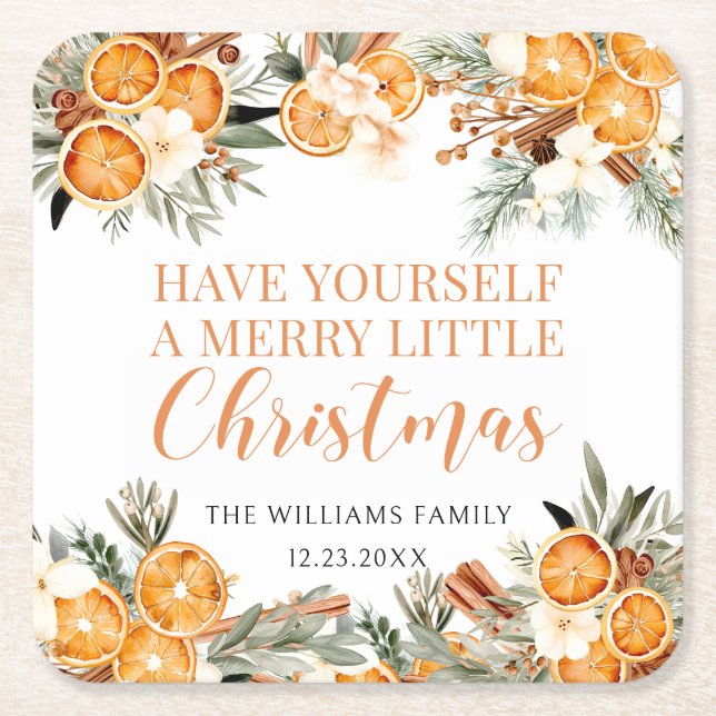 Posavasos Cuadrado De Papel Feliz invierno navideño naranjas secos (Anverso)
