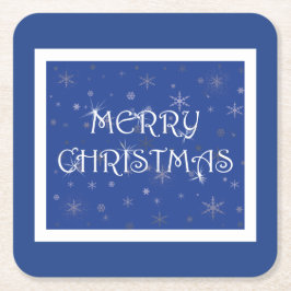 Posavasos Cuadrado De Papel Feliz Navidad azul con copas de nieve