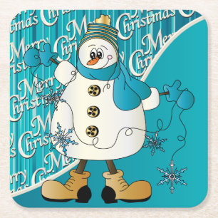 Posavasos Cuadrado De Papel Feliz Navidad Azul Snowman