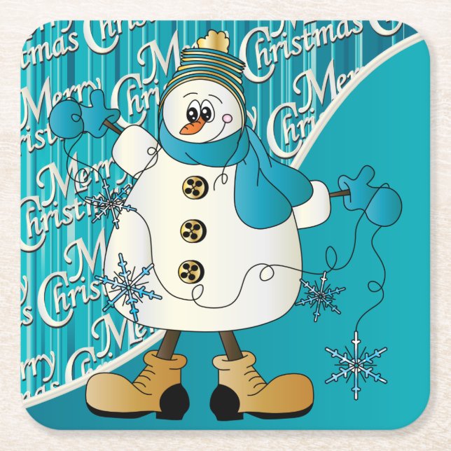 Posavasos Cuadrado De Papel Feliz Navidad Azul Snowman (Anverso)