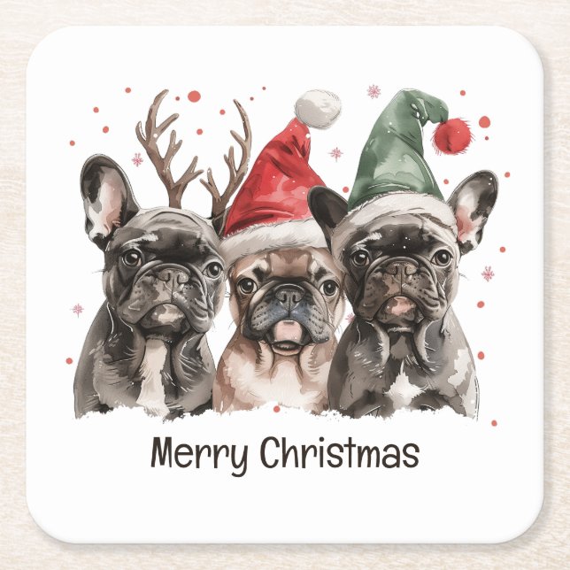 Posavasos Cuadrado De Papel Feliz Navidad Bulldog francés Perros renos (Anverso)
