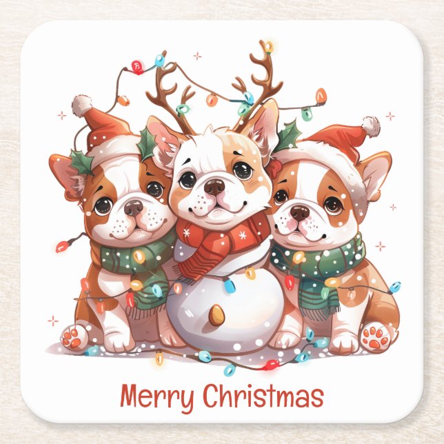 Posavasos Cuadrado De Papel Feliz Navidad Bulldog inglés Reindeer Santa (Anverso)